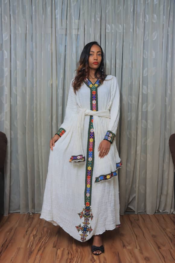 White Traditional Dress with Multicolor Embroidery