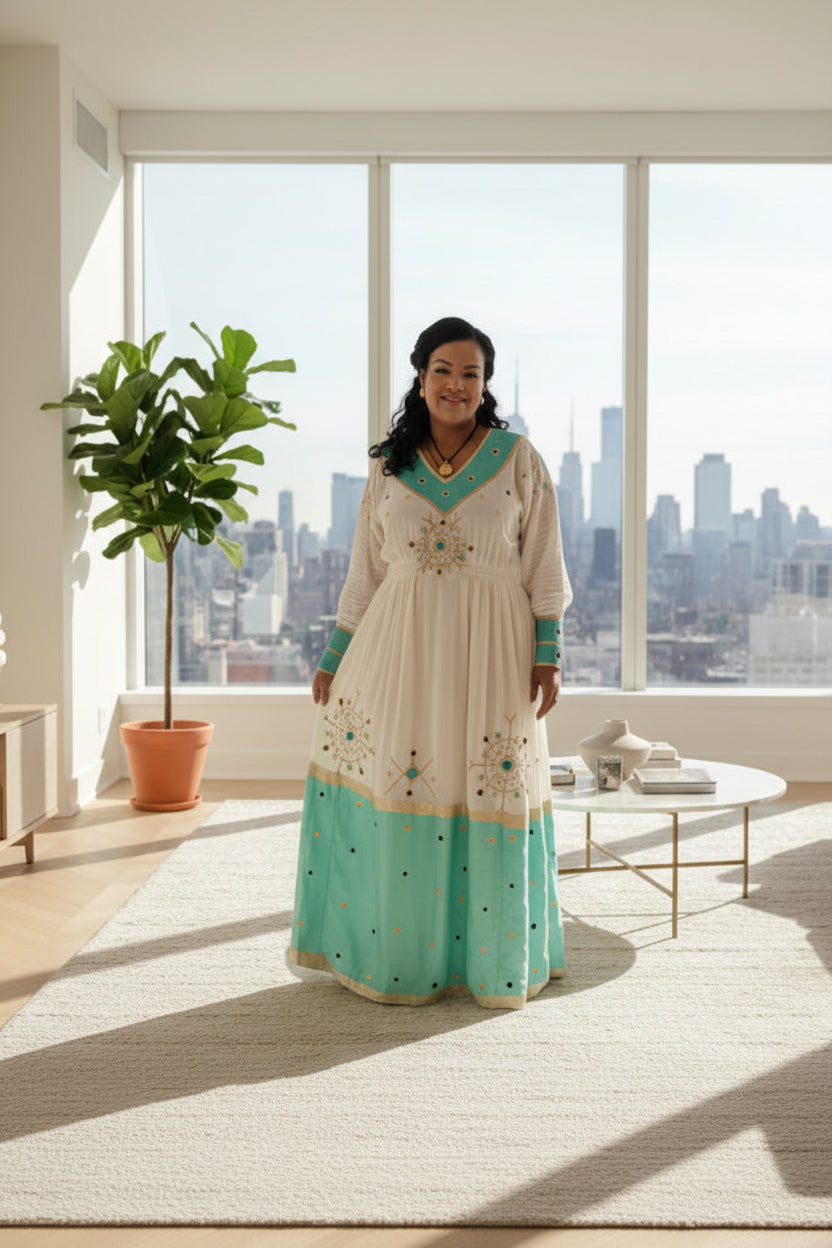 Ethiopian White and Turquoise Traditional Dress with Golden Embroidery
