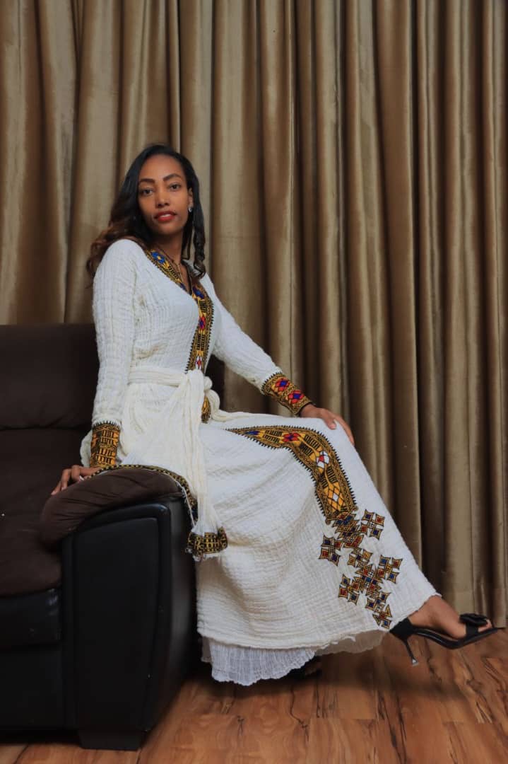 White Traditional Dress with Yellow and Green Embroidery