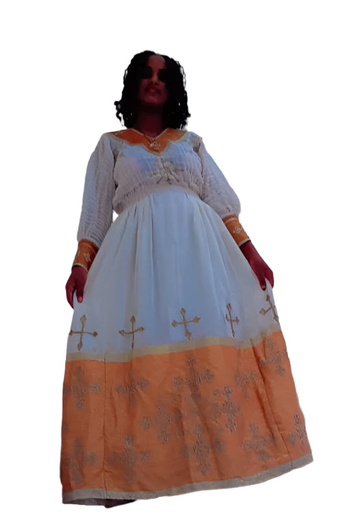 Ethiopian White and Orange Traditional Dress with Golden Embroidery