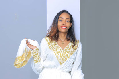 Traditional White Dress with Gold Embroidered Accents
