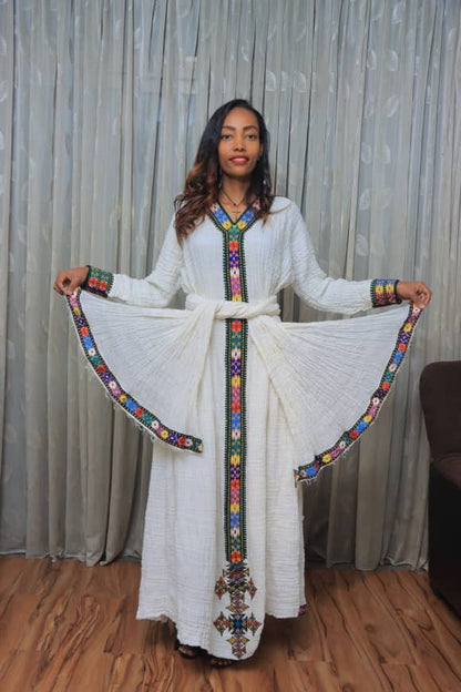 White Traditional Dress with Multicolor Embroidery