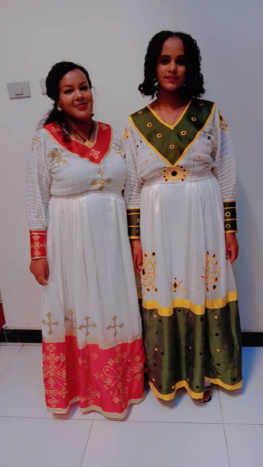 Ethiopian Traditional White and Green Dress