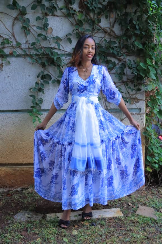Blue Floral Chiffon with Sheer White Shawl Accent
