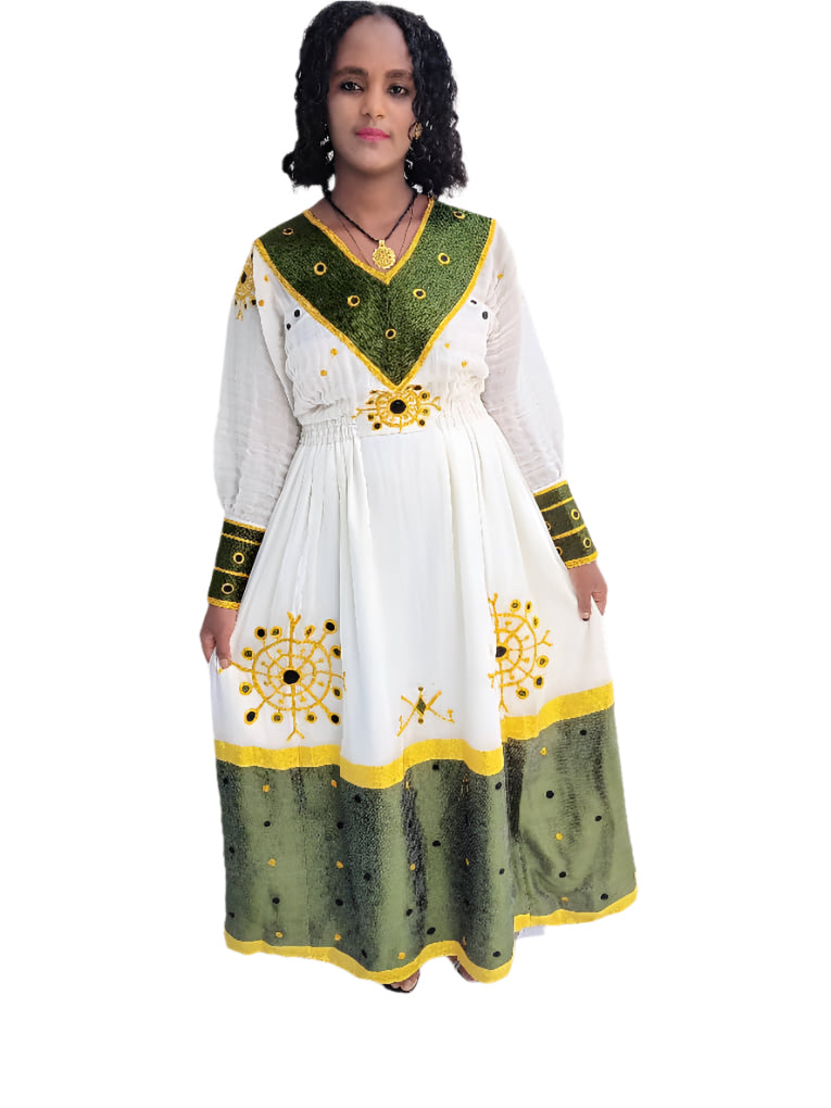Ethiopian Traditional White and Green Dress