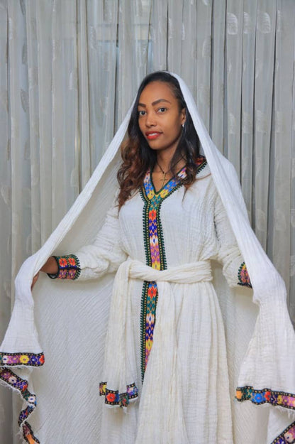 White Traditional Dress with Multicolor Embroidery
