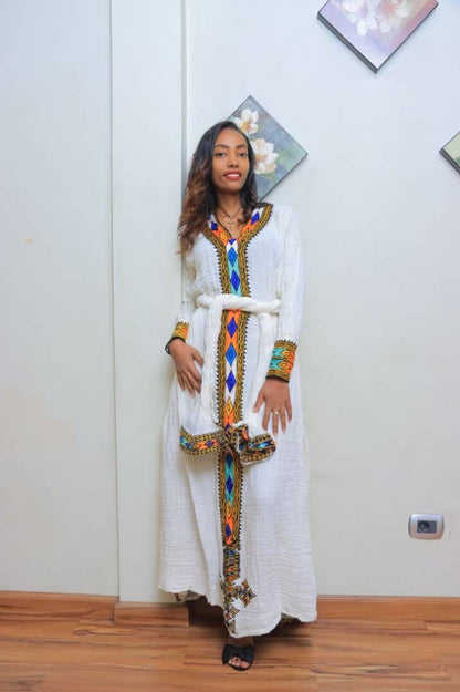 White Traditional Dress with Diamond-Patterned Orange and Blue Embroidery