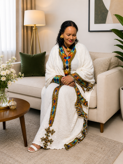 Axum Tilef Habesha Dress – Traditional Ethiopian Cotton Dress for Women | Elegant Cultural Wear | Soft Breathable Fabric
