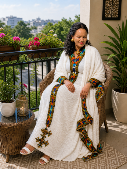 Axum Tilef Habesha Dress – Traditional Ethiopian Cotton Dress for Women | Elegant Cultural Wear | Soft Breathable Fabric