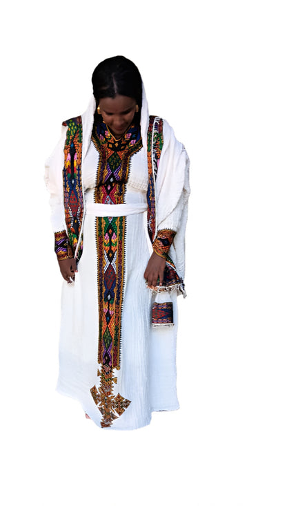 Ethiopian White Traditional Dress with Vibrant Handwoven Patterns