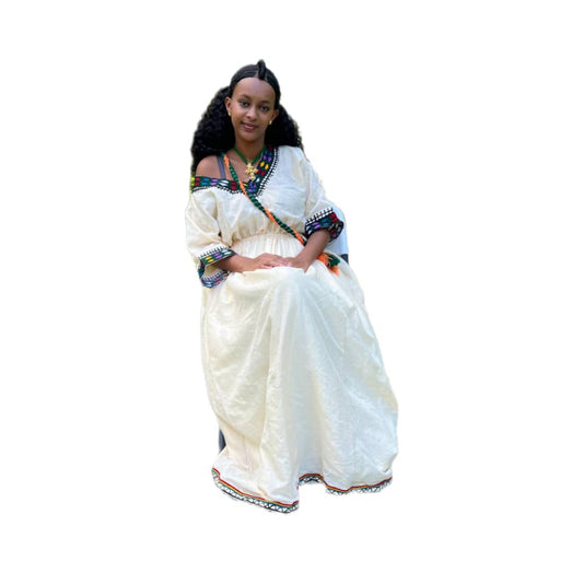 Traditional Cream Ethiopian Dress with Colorful Neckline and Sleeve Embroidery