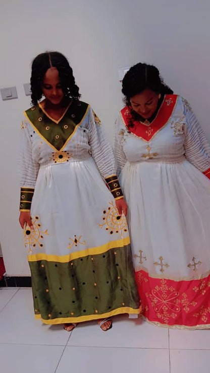 Ethiopian Traditional White and Green Dress