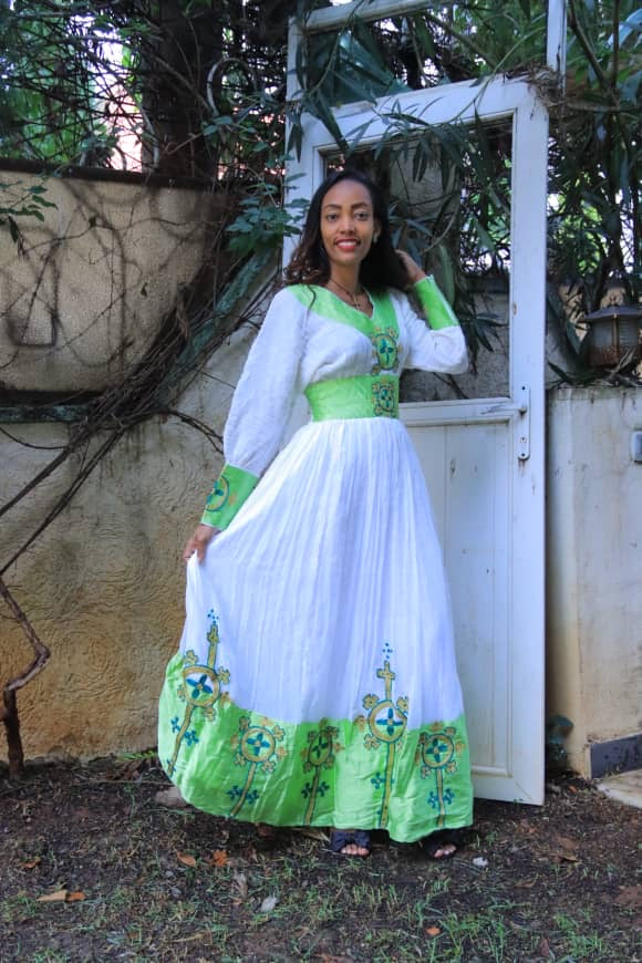 White Traditional Dress with Bright Green Cross Embroidery