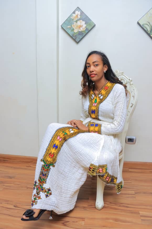 White Traditional Dress with Yellow and Green Embroidery