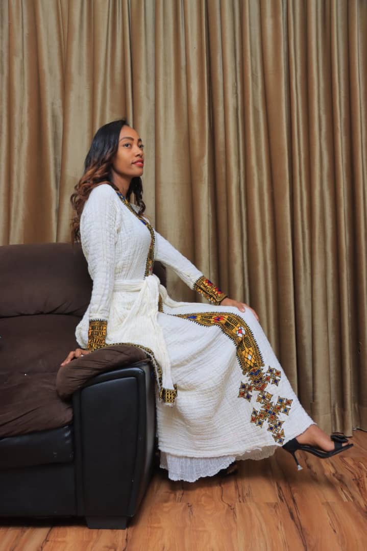 White Traditional Dress with Yellow and Green Embroidery