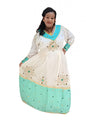 Ethiopian White and Turquoise Traditional Dress with Golden Embroidery