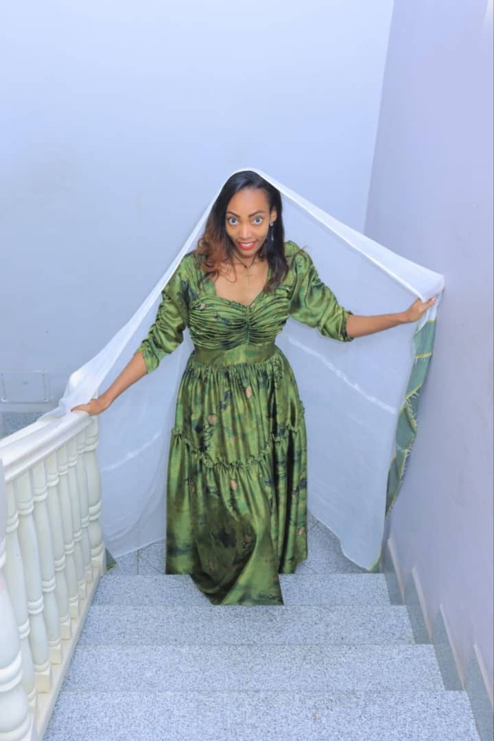 Green Silk Patterned Chiffon with Traditional Netela Accent