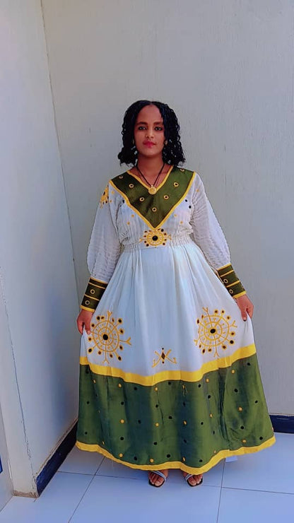 Ethiopian Traditional White and Green Dress